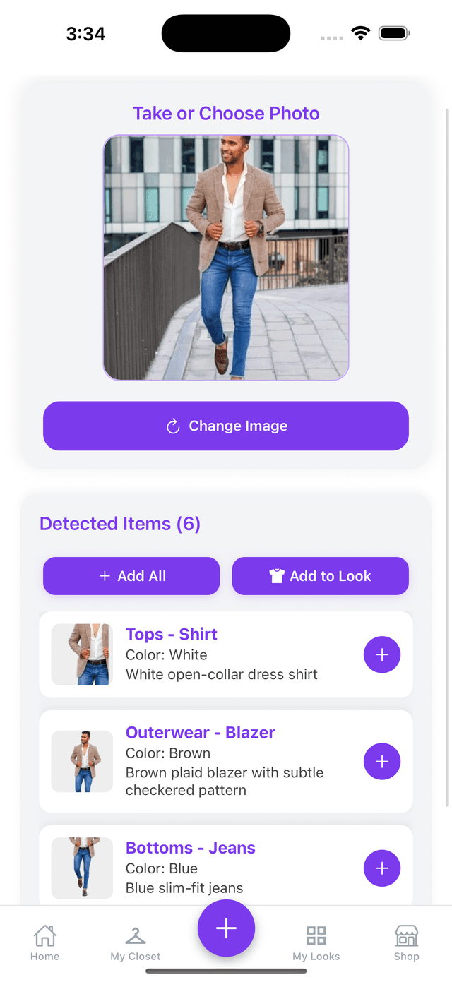 AI image analysis showing 6 detected clothing items from a single photo