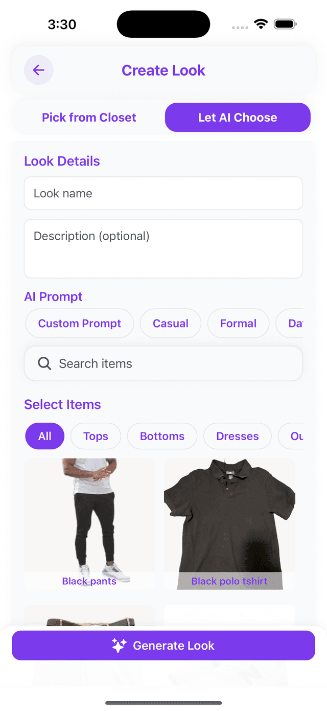 AI outfit creation feature showing Let AI Choose option
