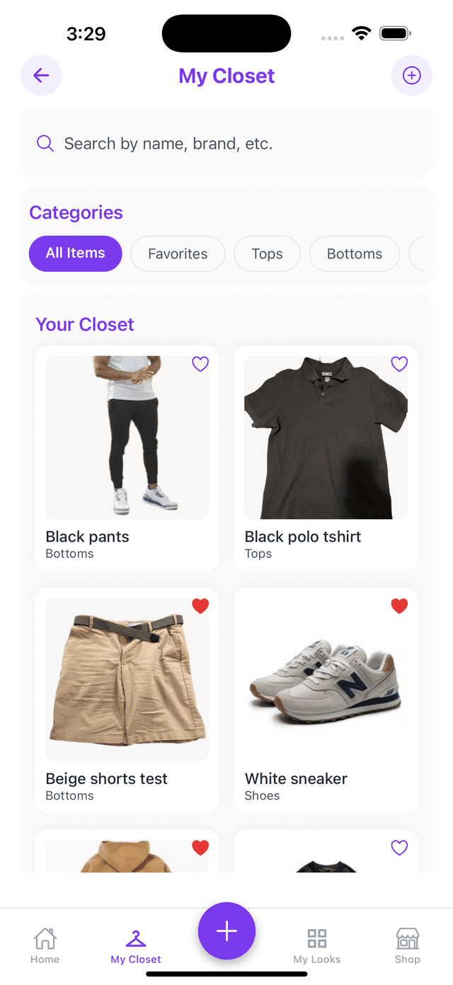 My Closet screen showing clean clothing items with removed backgrounds