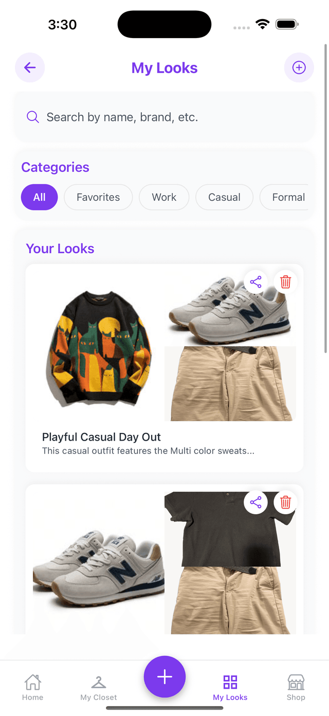 My Looks screen showing saved outfit combinations