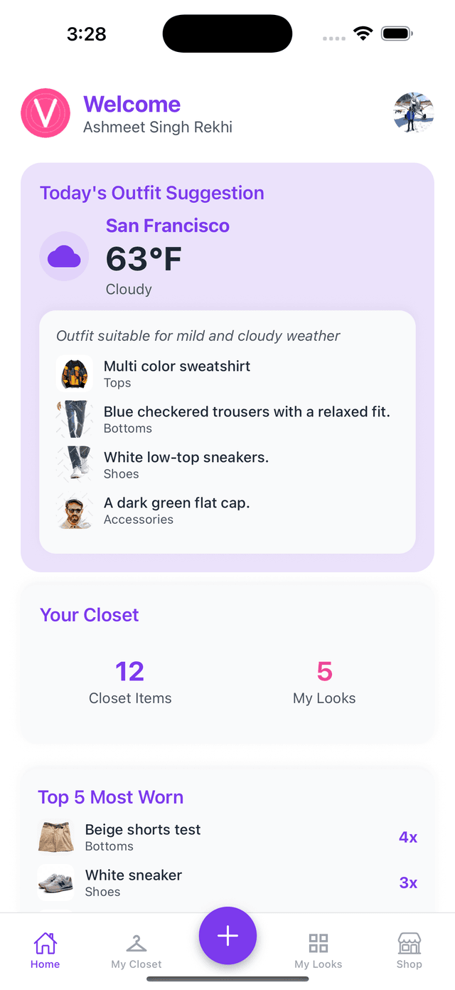 Home screen showing weather-based outfit suggestions for San Francisco